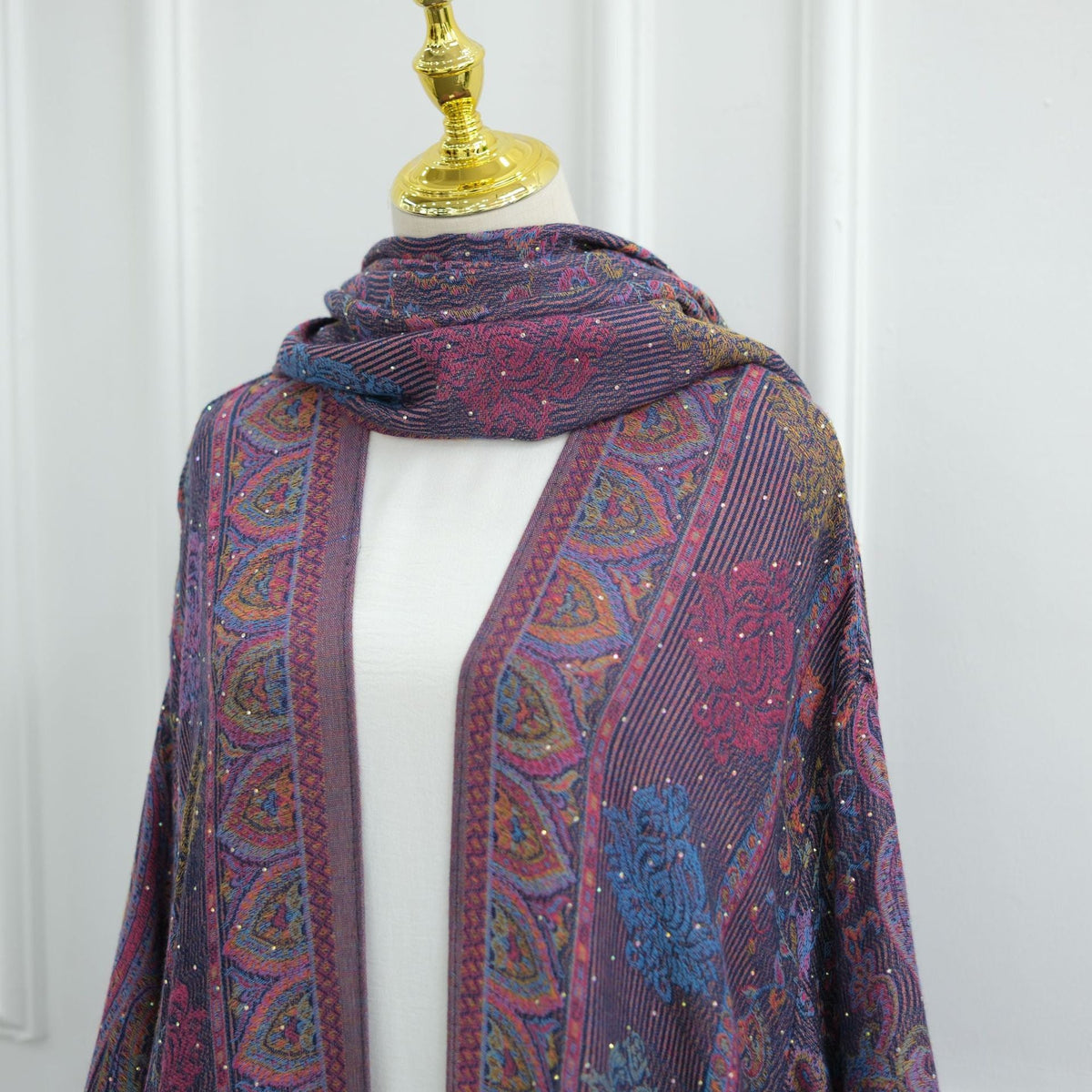 Elegant Jacquard Rhinestone Cardigan & Hijab 2-Piece Set(MOA349) - Mariam's Collection