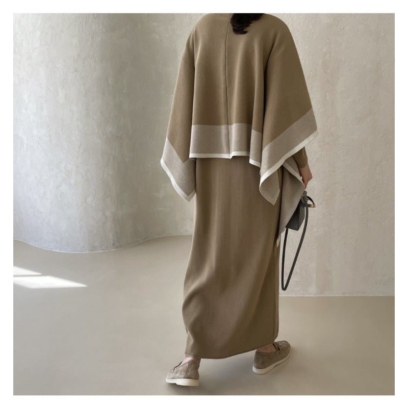 Elegant Knit Shawl & Half - Turtleneck Maxi Dress Set | Two - Piece Modest Outfit(MS117) - Mariam's Collection