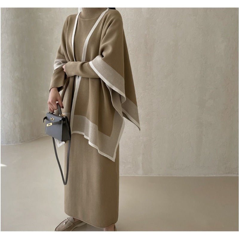 Elegant Knit Shawl & Half - Turtleneck Maxi Dress Set | Two - Piece Modest Outfit(MS117) - Mariam's Collection