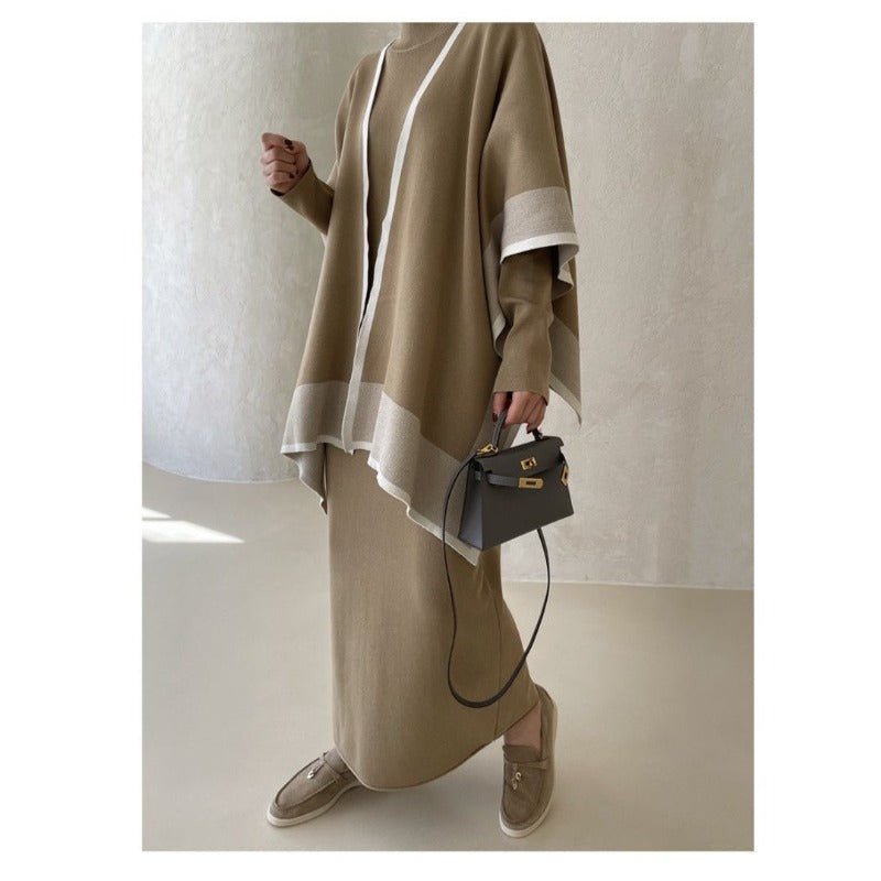 Elegant Knit Shawl & Half - Turtleneck Maxi Dress Set | Two - Piece Modest Outfit(MS117) - Mariam's Collection
