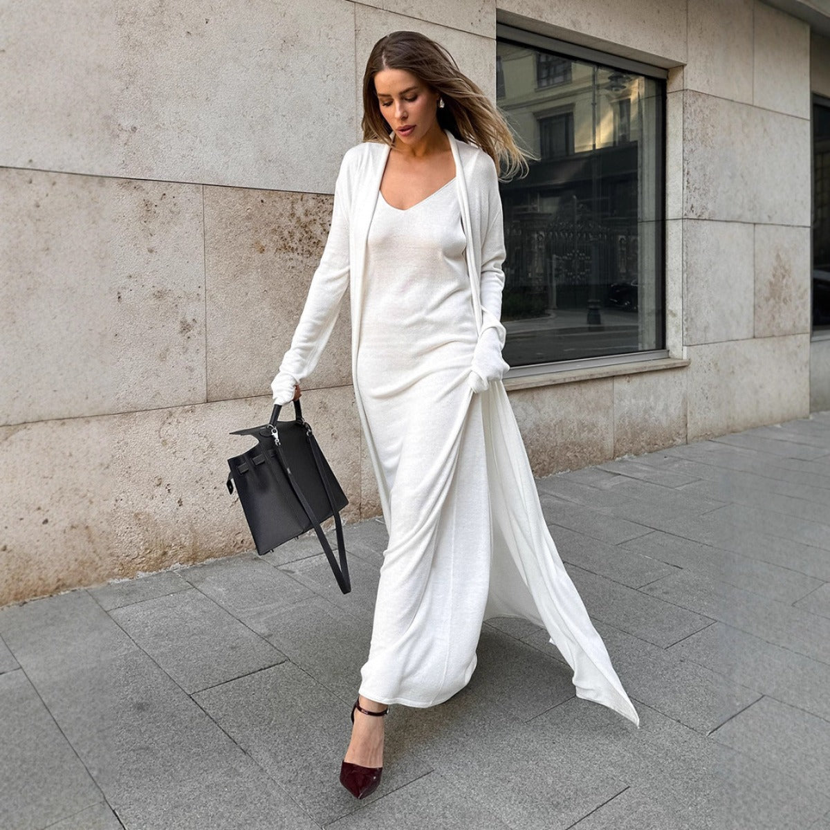 Elegant Knitted Two - Piece Set - Long Sleeve Cardigan & Suspenders Dress Women Outfit(MS108) - Mariam's Collection