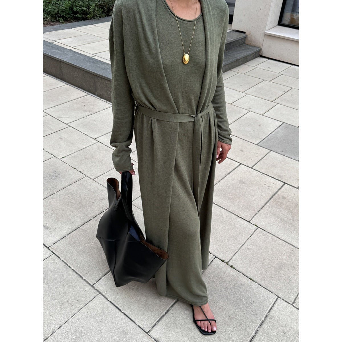 Elegant Knitted Two - Piece Set - Long Sleeve Cardigan & Suspenders Dress Women Outfit(MS108) - Mariam's Collection