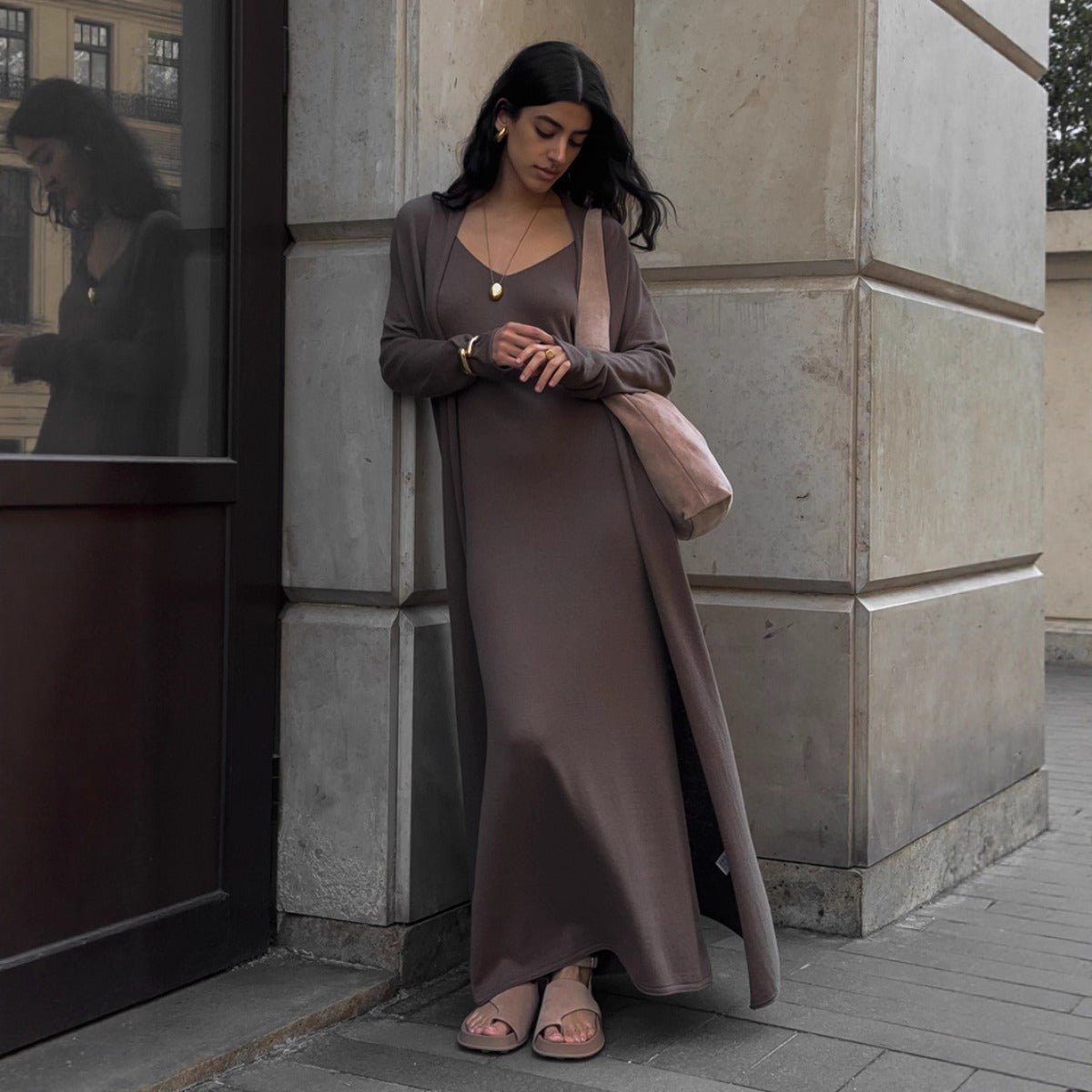 Elegant Knitted Two - Piece Set - Long Sleeve Cardigan & Suspenders Dress Women Outfit(MS108) - Mariam's Collection