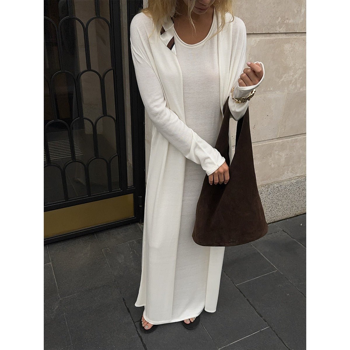 Elegant Knitted Two - Piece Set - Long Sleeve Cardigan & Suspenders Dress Women Outfit(MS108) - Mariam's Collection