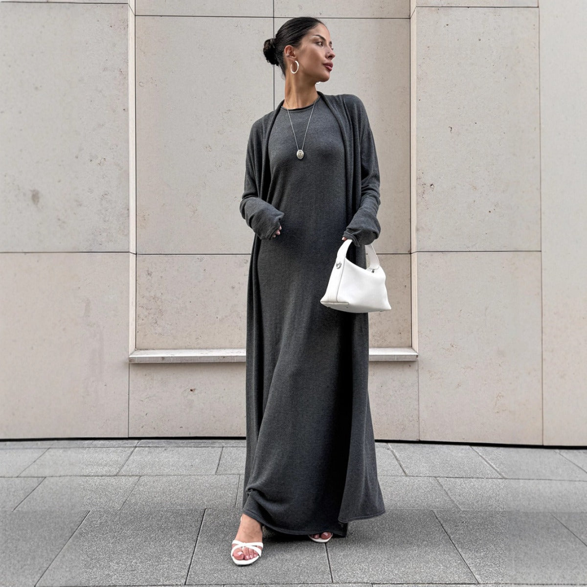 Elegant Knitted Two - Piece Set - Long Sleeve Cardigan & Suspenders Dress Women Outfit(MS108) - Mariam's Collection