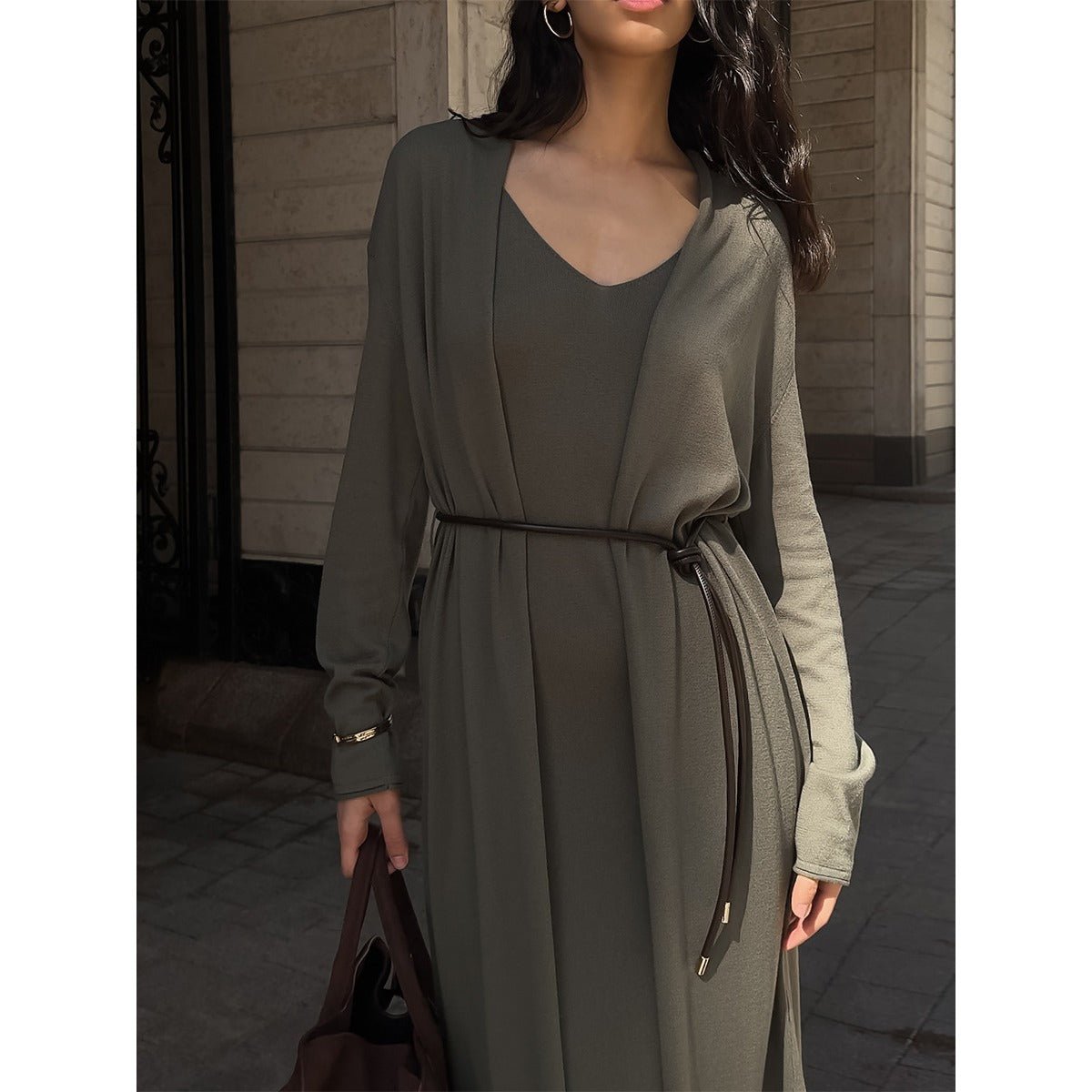 Elegant Knitted Two - Piece Set - Long Sleeve Cardigan & Suspenders Dress Women Outfit(MS108) - Mariam's Collection