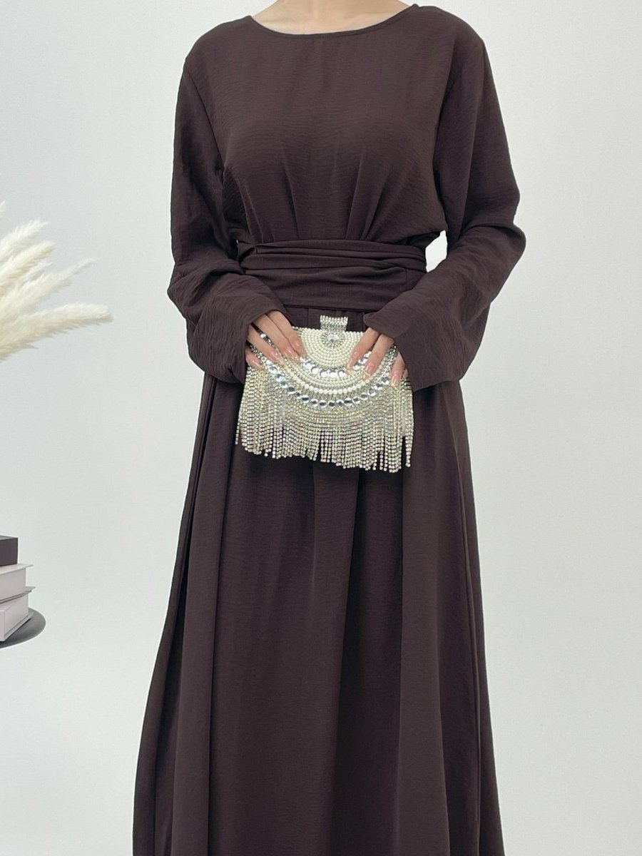 Elegant Lace - Up Ice Crape Abaya Evening Gown.(MA160) - Mariam's Collection