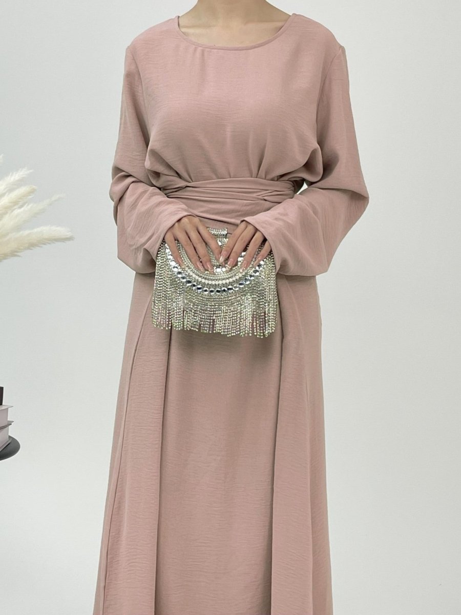 Elegant Lace - Up Ice Crape Abaya Evening Gown.(MA160) - Mariam's Collection
