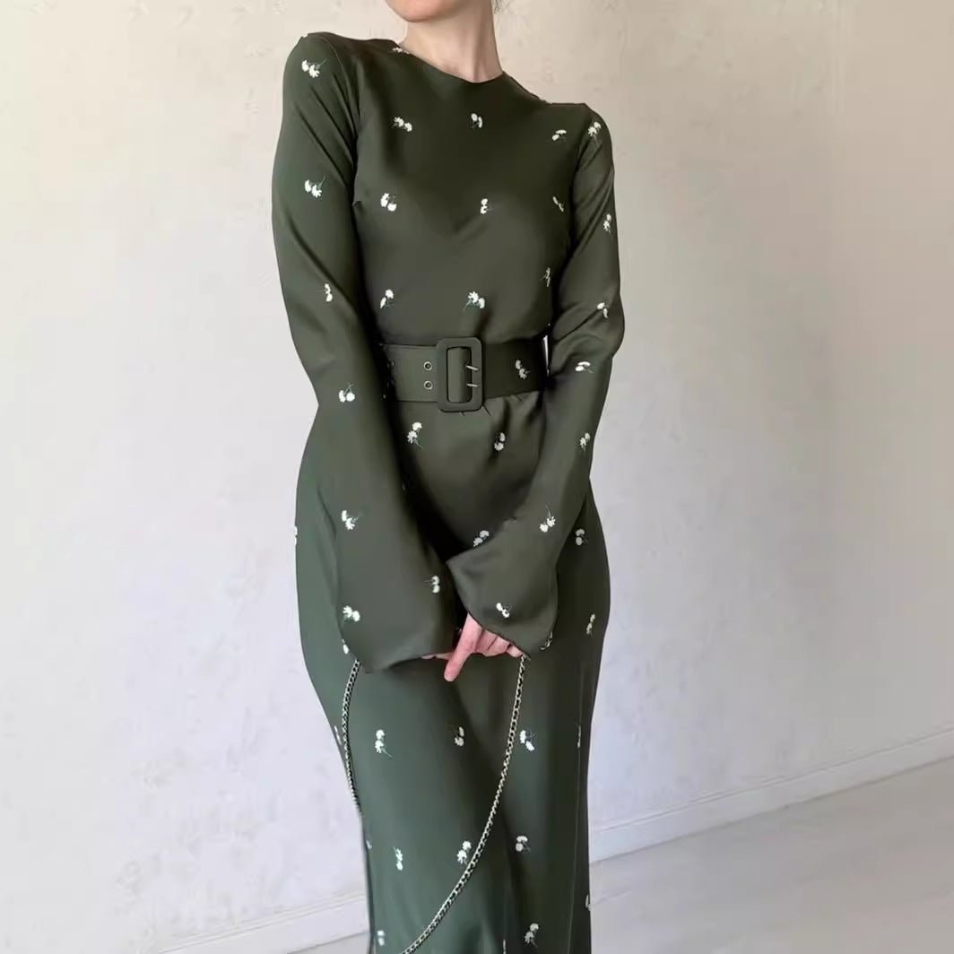 Elegant Long - Sleeve Floral Slim - Fit A - Line Dress with Ruffles & Belt. (MA203) - Mariam's Collection