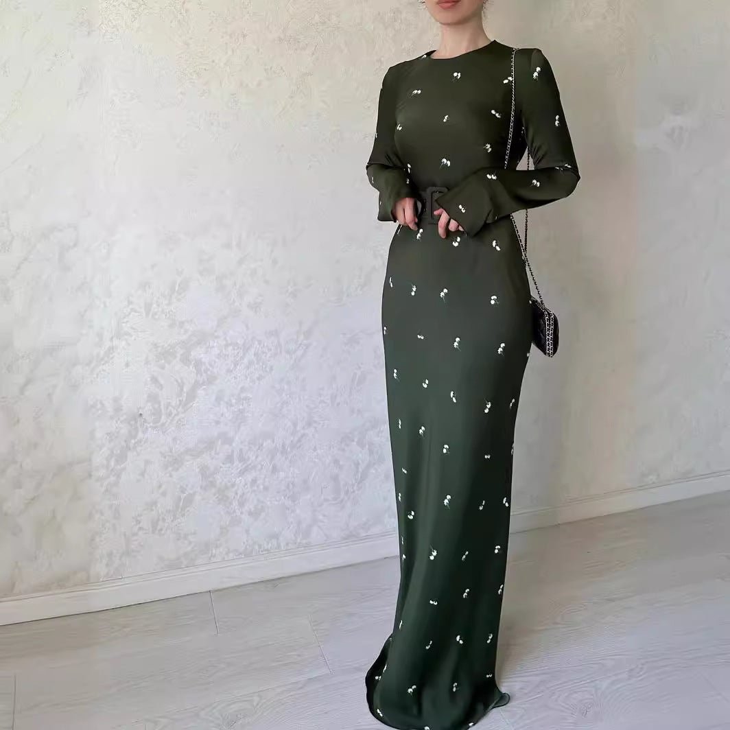 Elegant Long - Sleeve Floral Slim - Fit A - Line Dress with Ruffles & Belt. (MA203) - Mariam's Collection