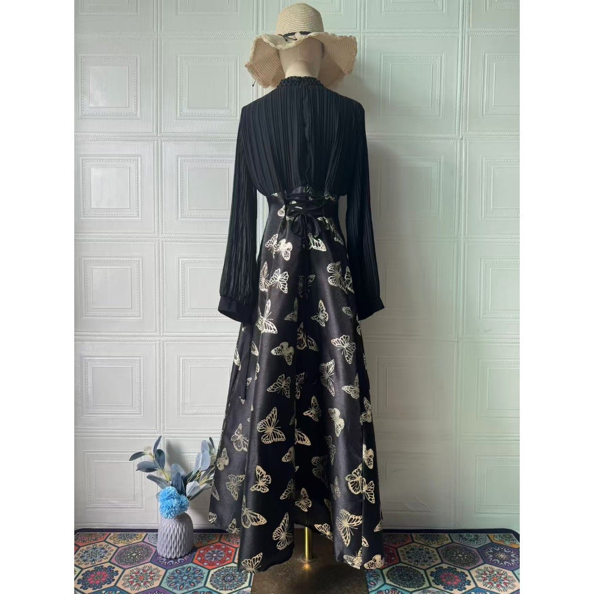 Elegant Long Sleeve Romantic Butterfly Pattern Gilded Long Dress Maxi Dress Gown Abaya. (MA219) - Mariam's Collection