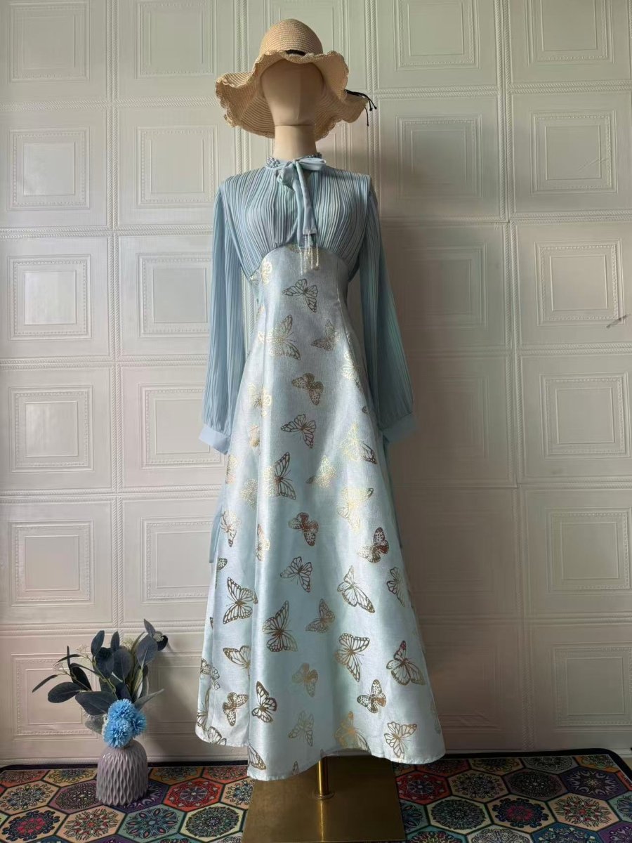 Elegant Long Sleeve Romantic Butterfly Pattern Gilded Long Dress Maxi Dress Gown Abaya. (MA219) - Mariam's Collection
