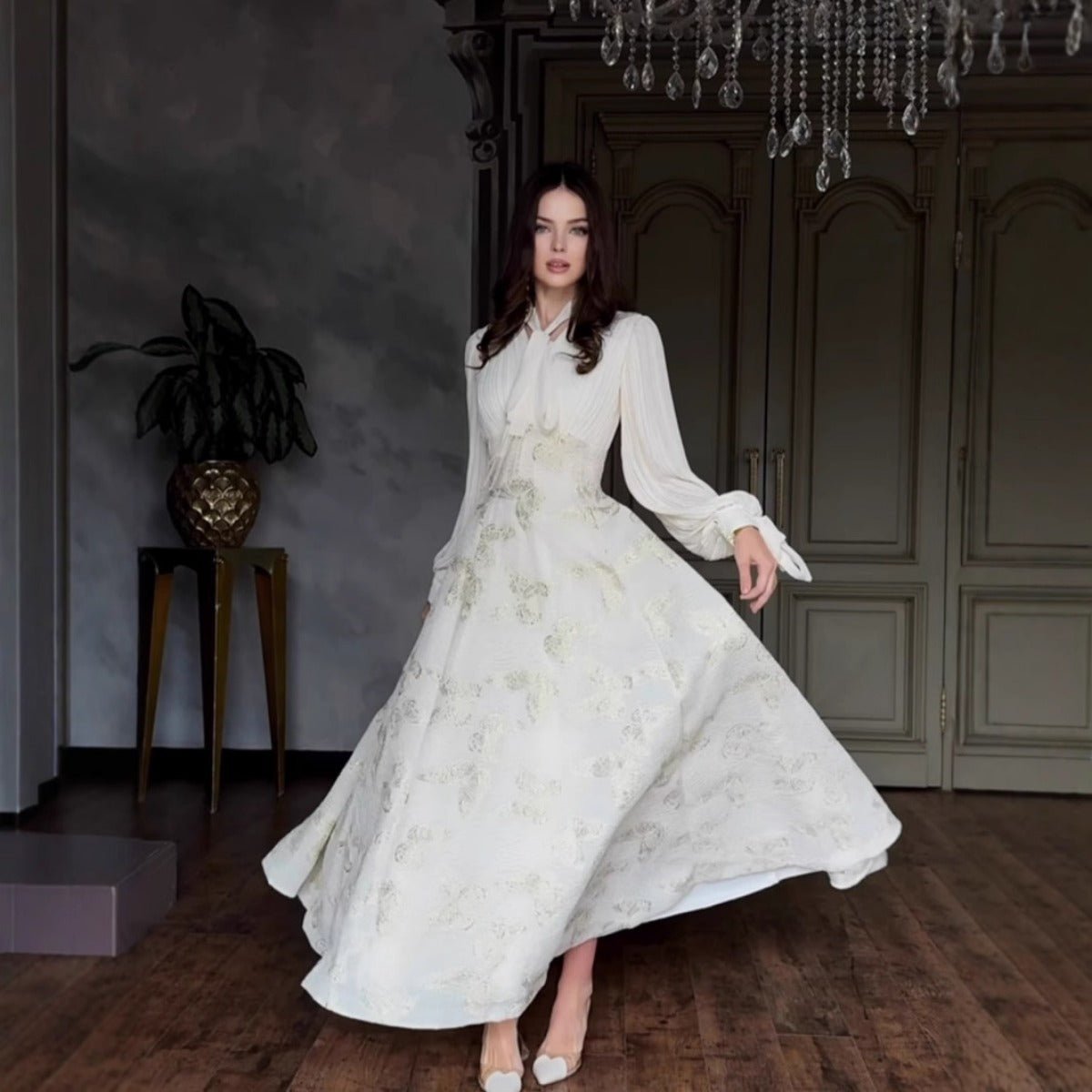 Elegant Long Sleeve Romantic Butterfly Pattern Gilded Long Dress Maxi Dress Gown Abaya. (MA219) - Mariam's Collection