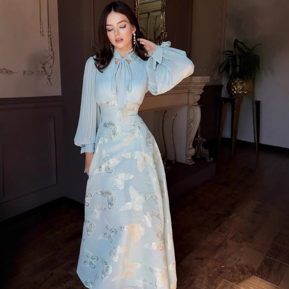 Elegant Long Sleeve Maxi Dress, Butterfly Patterned Abaya / Long Dress Gown (MA219)
