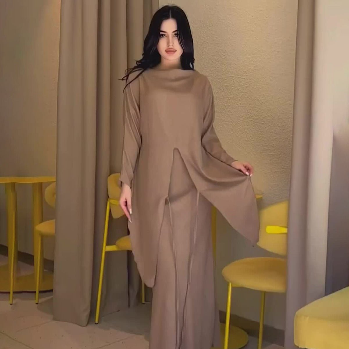 Elegant Long Sleeve Taupe Satin Cross - Lace Waist Skirt Two - Piece Abaya Outfit. (MA208) - Mariam's Collection