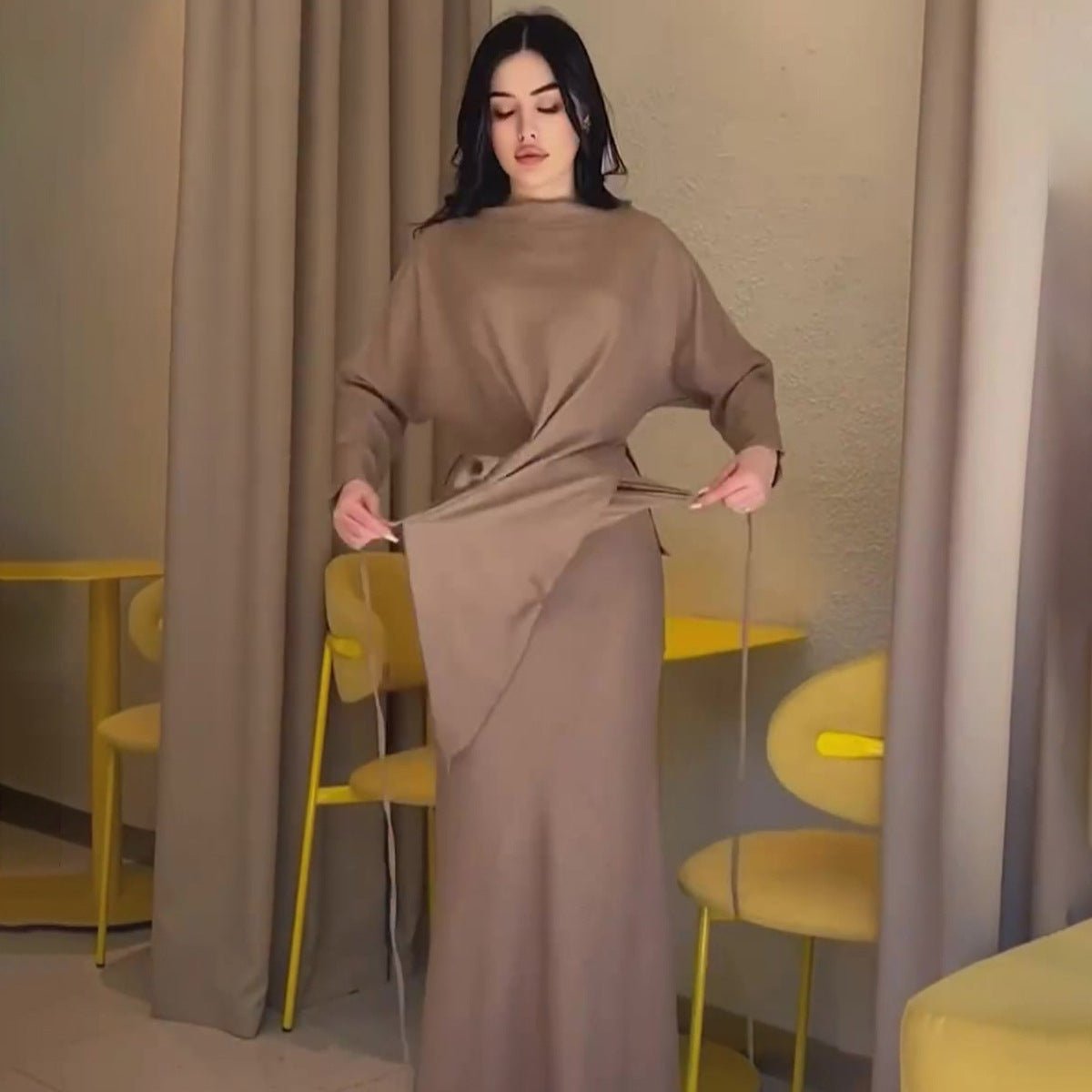 Elegant Long Sleeve Taupe Satin Cross - Lace Waist Skirt Two - Piece Abaya Outfit. (MA208) - Mariam's Collection