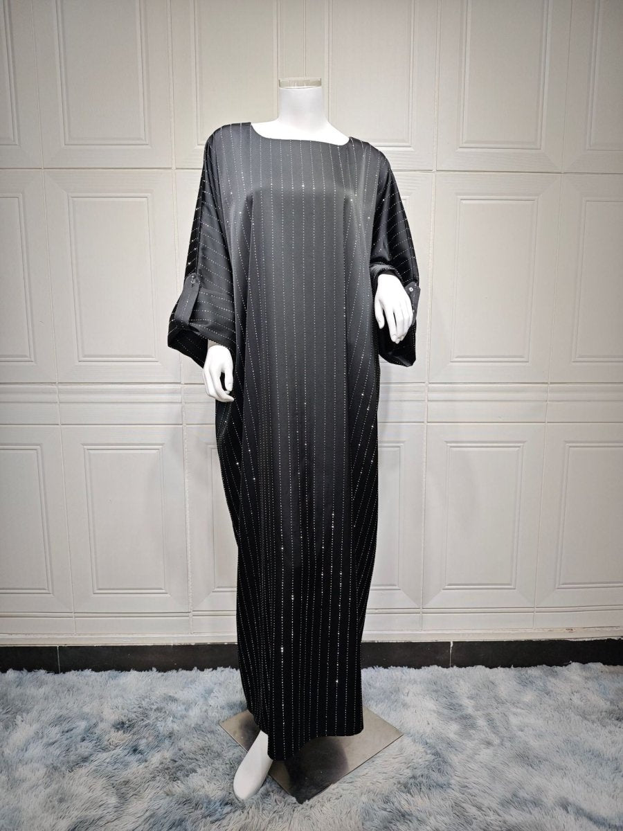 Elegant Long - Sleeved Diamond Craft Sparkling Abaya Dress - Modest Long Pullover Dress with Vertical Stripes(MA292) - Mariam's Collection