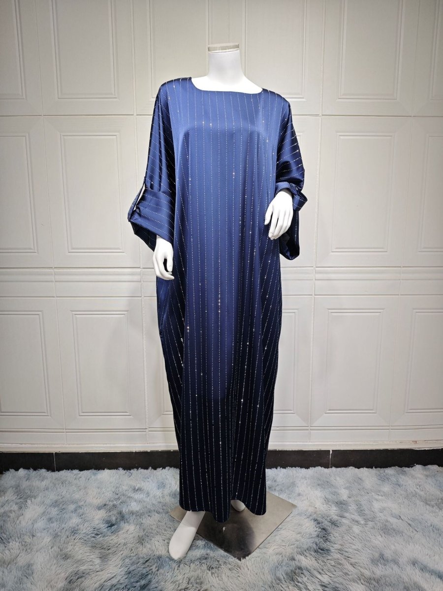 Elegant Long - Sleeved Diamond Craft Sparkling Abaya Dress - Modest Long Pullover Dress with Vertical Stripes(MA292) - Mariam's Collection