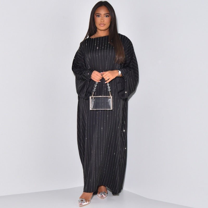 Elegant Long - Sleeved Diamond Craft Sparkling Abaya Dress - Modest Long Pullover Dress with Vertical Stripes(MA292) - Mariam's Collection