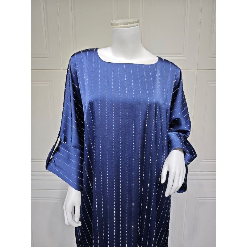 Elegant Long - Sleeved Diamond Craft Sparkling Abaya Dress - Modest Long Pullover Dress with Vertical Stripes(MA292) - Mariam's Collection
