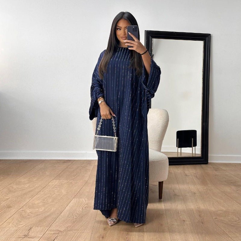 Elegant Long - Sleeved Diamond Craft Sparkling Abaya Dress - Modest Long Pullover Dress with Vertical Stripes(MA292) - Mariam's Collection