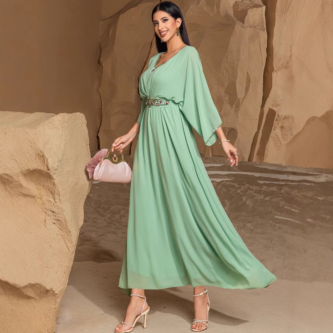 Elegant Mint Green V - Neck Swing Flowy A - Line Maxi Dress with Bell Sleeves & Embellished Belt Abaya. (MA189) - Mariam's Collection