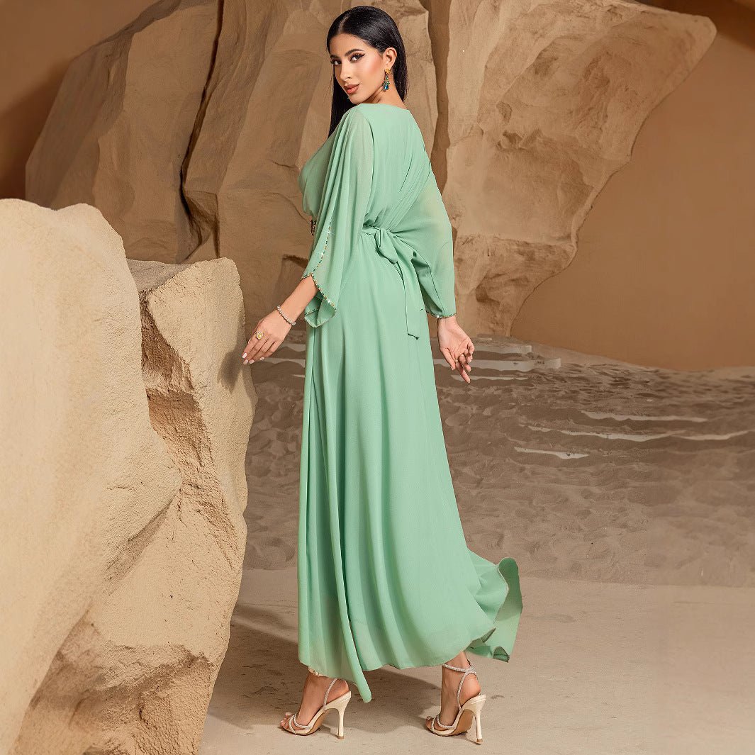 Elegant Mint Green V - Neck Swing Flowy A - Line Maxi Dress with Bell Sleeves & Embellished Belt Abaya. (MA189) - Mariam's Collection
