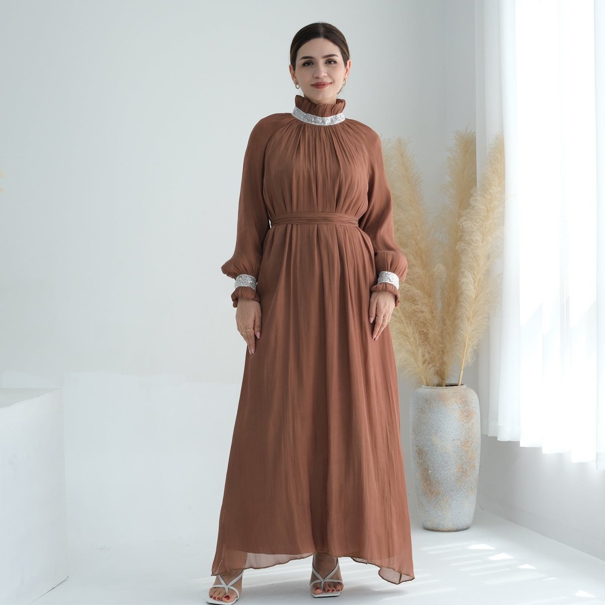 Shimmering Sequin Abaya Maxi Dress with Belt | LM024 Evening Wear Khaki / S Shimmering Sequin Abaya Maxi Dress with Belt | LM024 Evening Wear Khaki / S