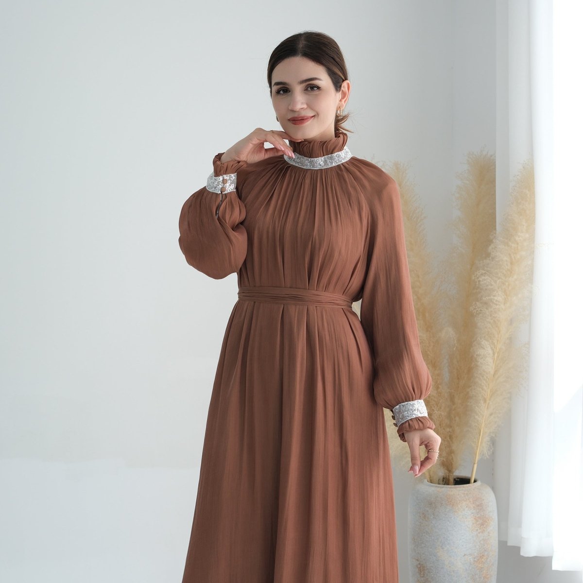 Elegant Modest Long Sleeve High - Neck Lace - Up Solid Color Dress Abaya. (MA213) - Mariam's Collection