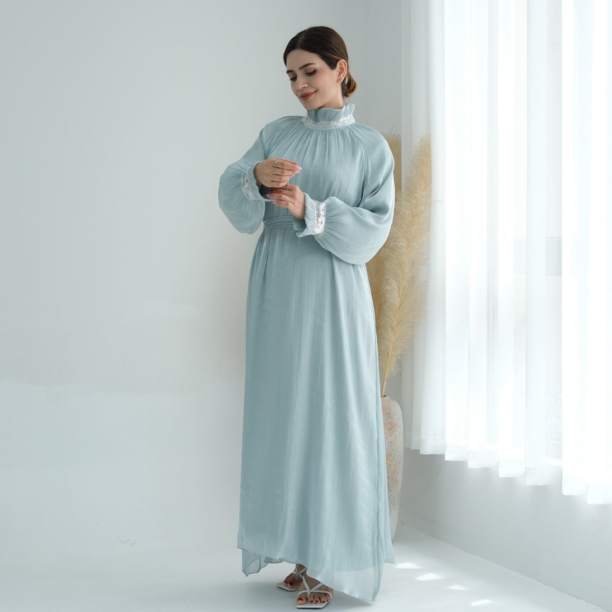 Elegant Modest Long Sleeve High - Neck Lace - Up Solid Color Dress Abaya. (MA213) - Mariam's Collection