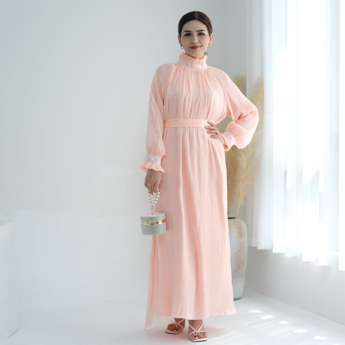 Elegant Modest Long Sleeve High - Neck Lace - Up Solid Color Dress Abaya. (MA213) - Mariam's Collection