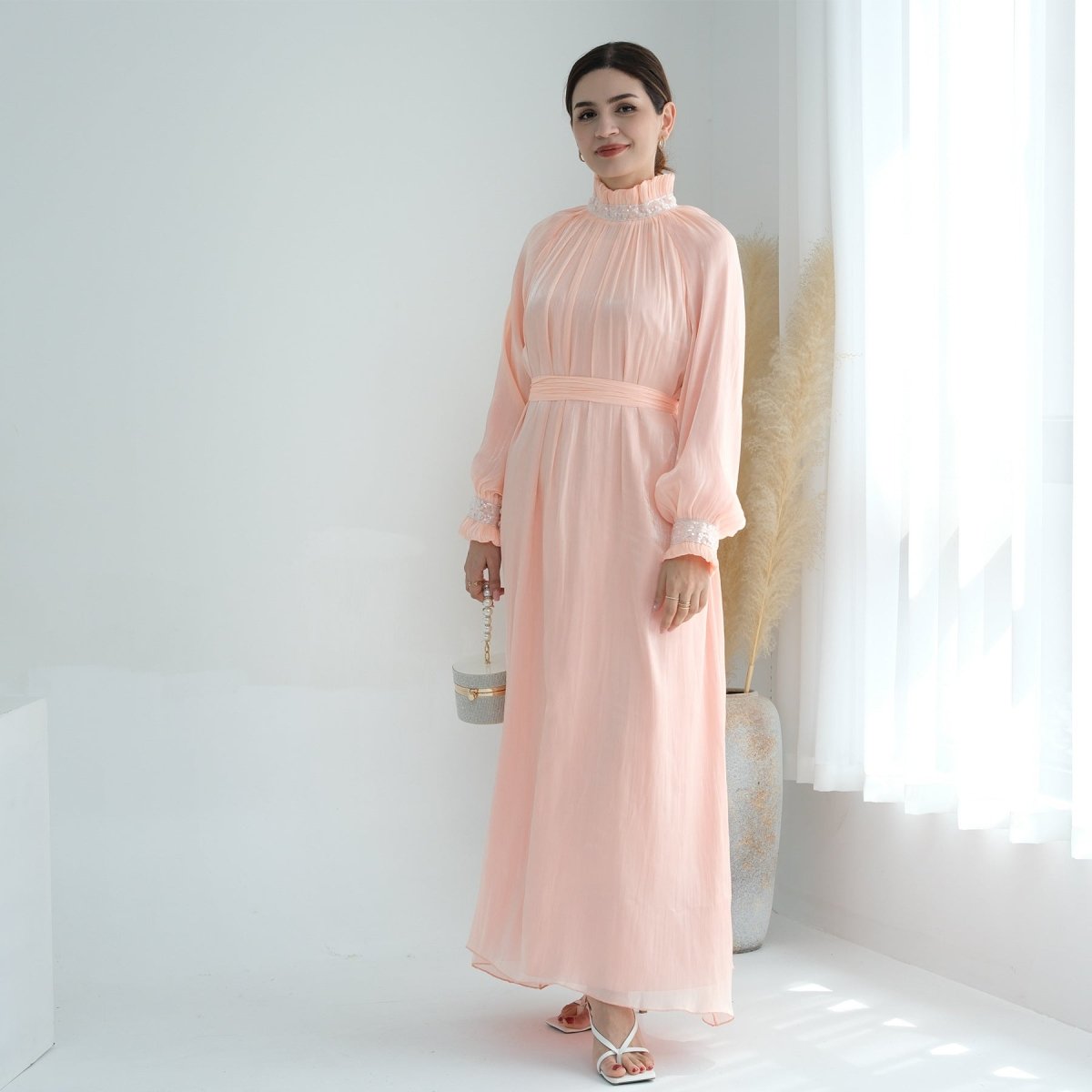 Elegant Modest Long Sleeve High - Neck Lace - Up Solid Color Dress Abaya. (MA213) - Mariam's Collection