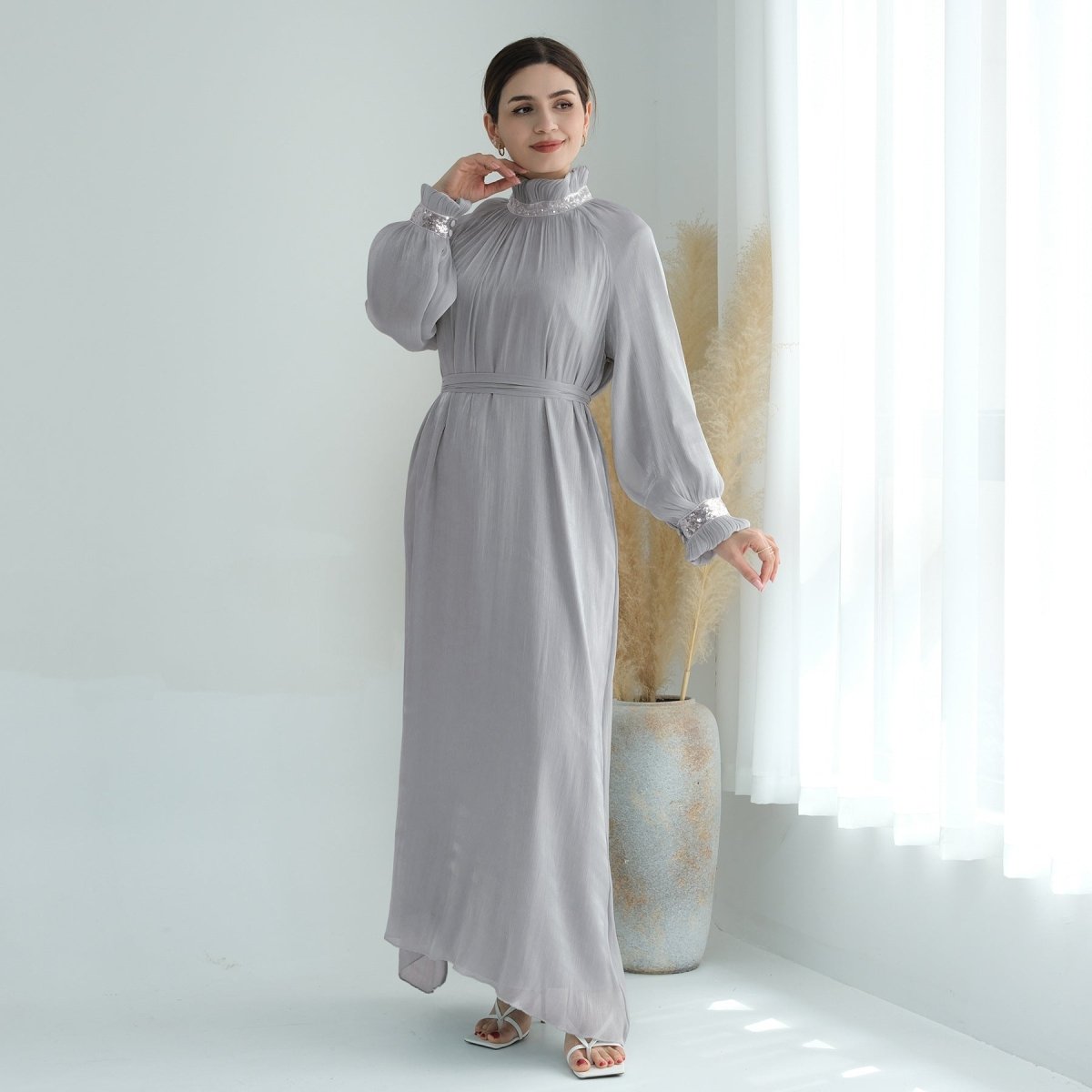 Elegant Modest Long Sleeve High - Neck Lace - Up Solid Color Dress Abaya. (MA213) - Mariam's Collection
