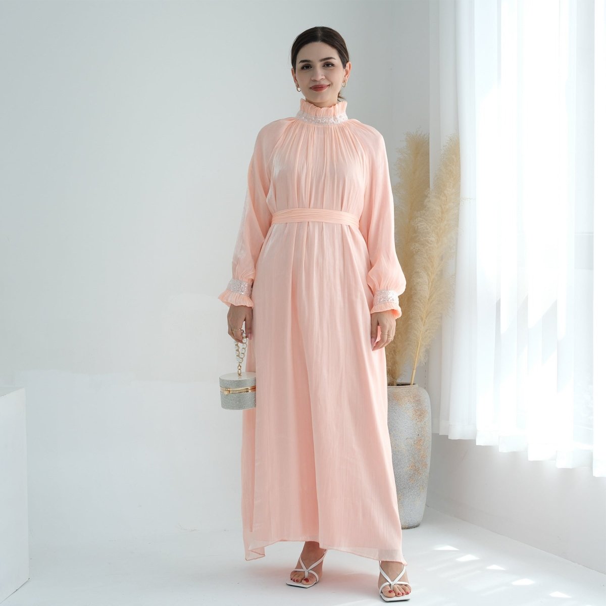 Elegant Modest Long Sleeve High - Neck Lace - Up Solid Color Dress Abaya. (MA213) - Mariam's Collection