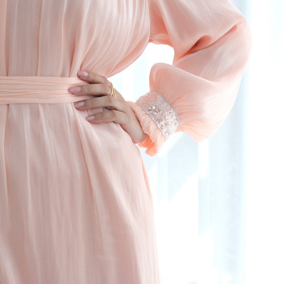 Elegant Modest Long Sleeve High - Neck Lace - Up Solid Color Dress Abaya. (MA213) - Mariam's Collection