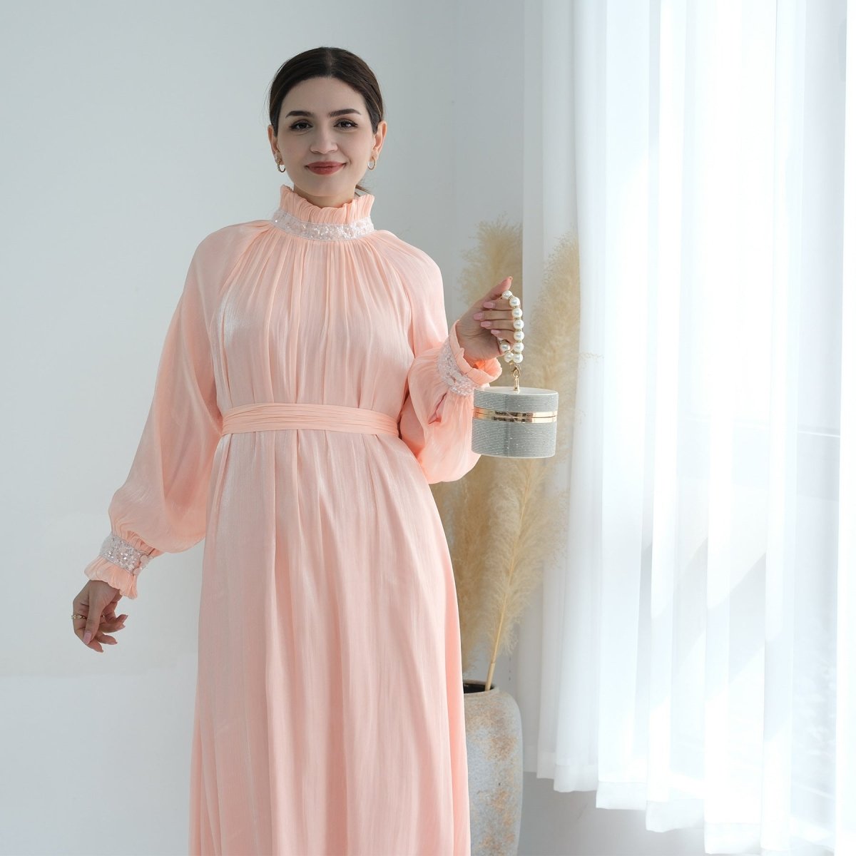 Elegant Modest Long Sleeve High - Neck Lace - Up Solid Color Dress Abaya. (MA213) - Mariam's Collection