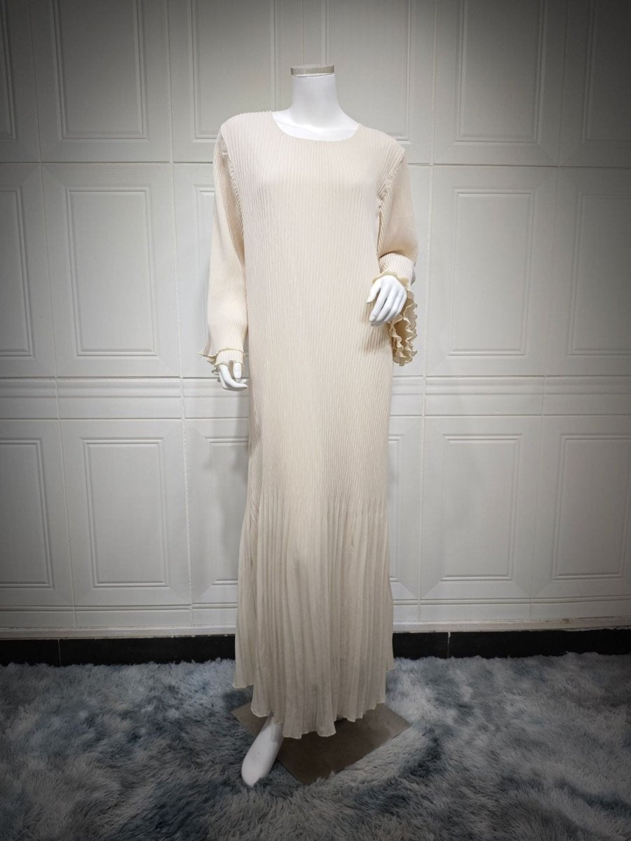 Elegant Muslim Women's Pleated Chiffon Pullover Robe Dress Modest Solid Color Abaya with Flared Sleeves. (MA176) - Mariam's Collection