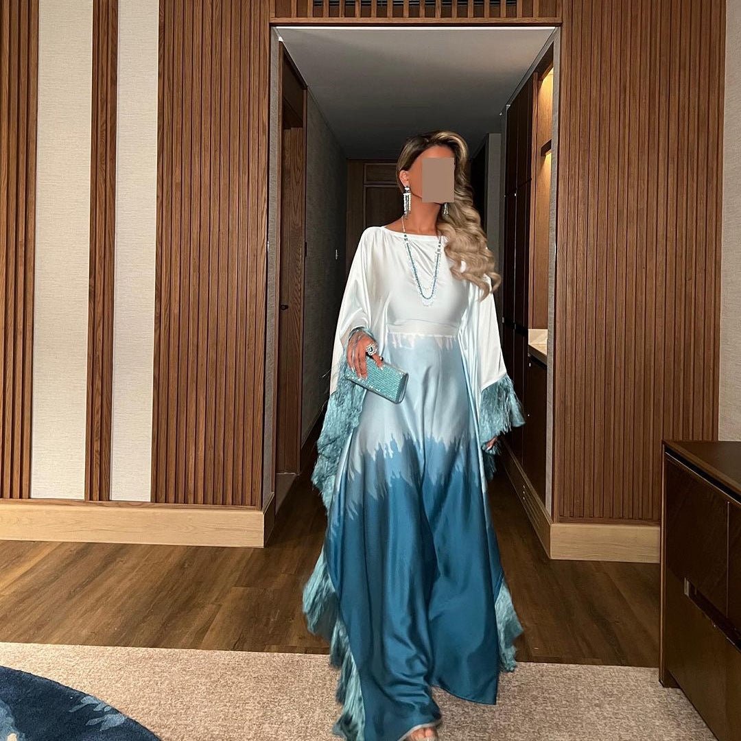 Elegant Ombre Gradient Print Fringed Robe Dress Abaya. (MA179) - Mariam's Collection