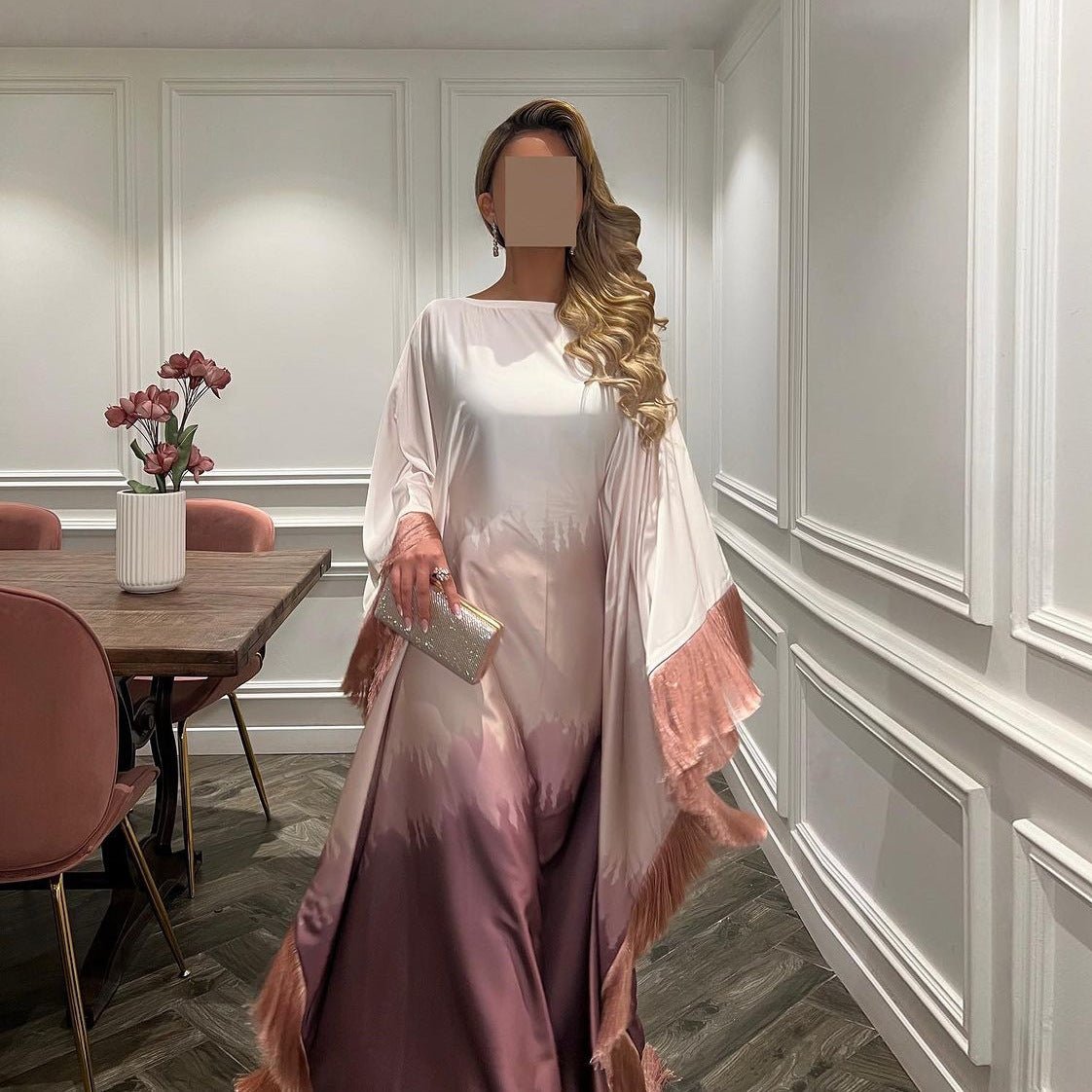 Elegant Ombre Gradient Abaya | Gradient Print Fringed Robe Dress Abaya