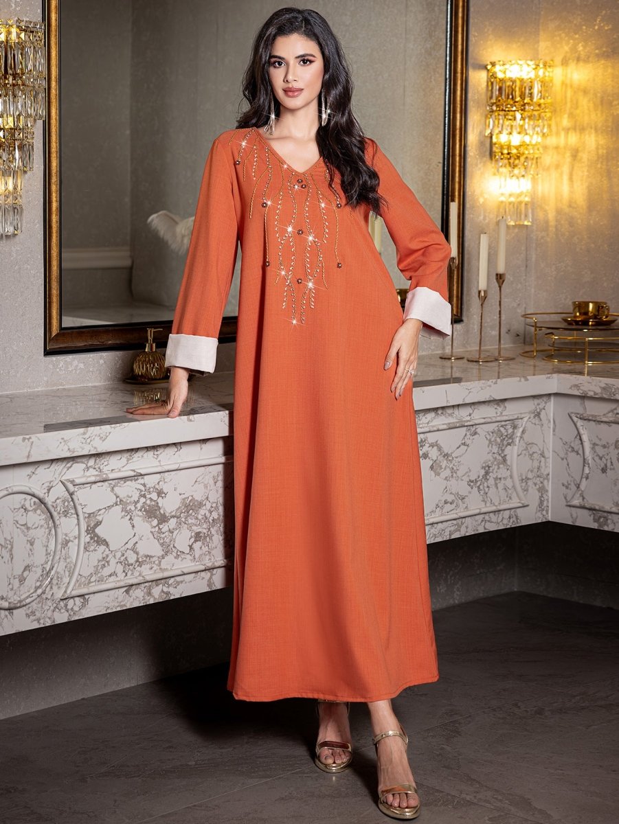 Elegant Orange V - Neck Loose Hand - Sewn Diamond & Pearl Embellished Long Dress with Contrast Cuffs Abaya. (MA191) - Mariam's Collection