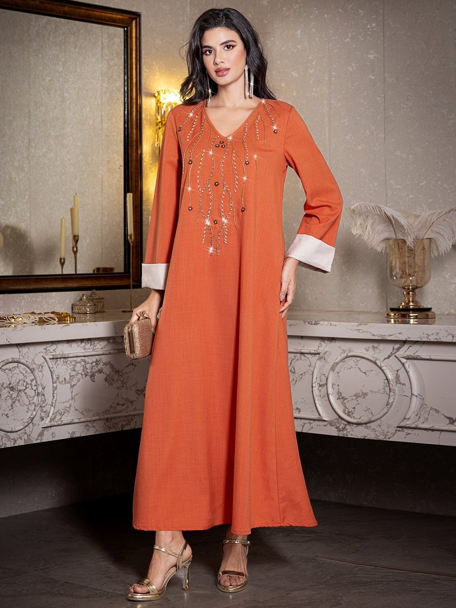 Elegant Orange V - Neck Loose Hand - Sewn Diamond & Pearl Embellished Long Dress with Contrast Cuffs Abaya. (MA191) - Mariam's Collection