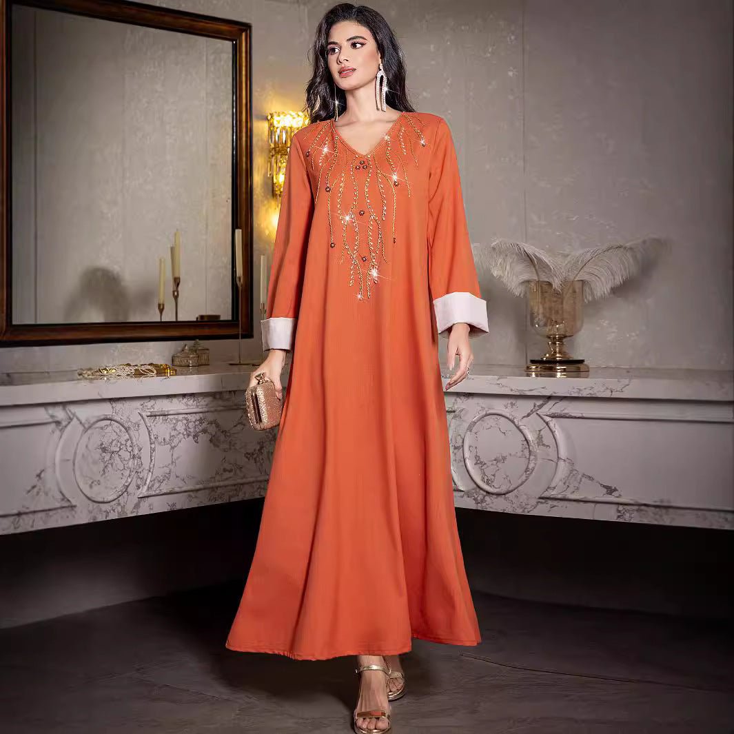 Elegant Orange V-Neck Loose Hand-Sewn Diamond & Pearl Embellished Long Dress with Contrast Cuffs Abaya (MA191) Orange / XL Elegant Orange V-Neck Loose Hand-Sewn Diamond & Pearl Embellished Long Dress with Contrast Cuffs Abaya (MA191) Orange / XL