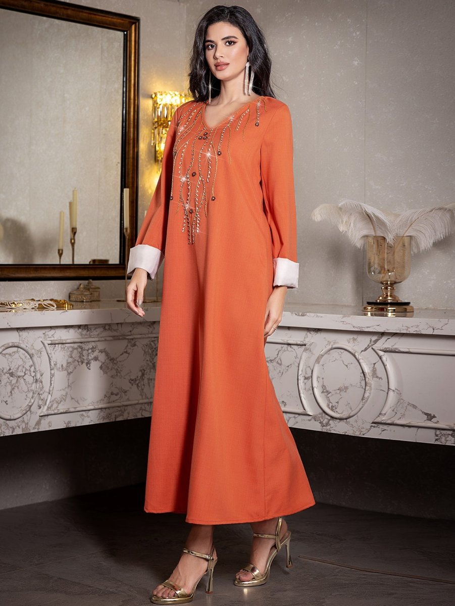 Elegant Orange V - Neck Loose Hand - Sewn Diamond & Pearl Embellished Long Dress with Contrast Cuffs Abaya. (MA191) - Mariam's Collection