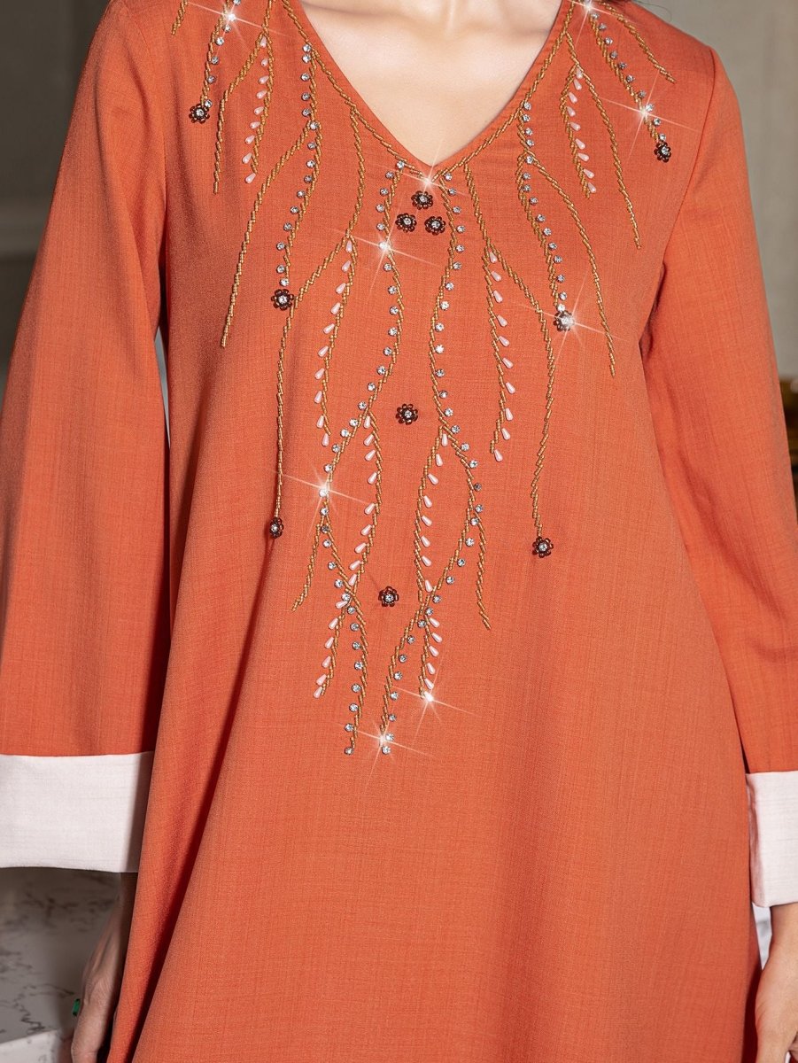Elegant Orange V - Neck Loose Hand - Sewn Diamond & Pearl Embellished Long Dress with Contrast Cuffs Abaya. (MA191) - Mariam's Collection