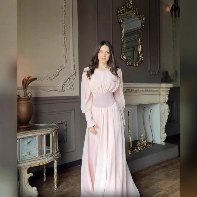 Elegant Pearl - Accented Bubble Sleeve Dress with Spliced Waist(MA297) - Mariam's Collection