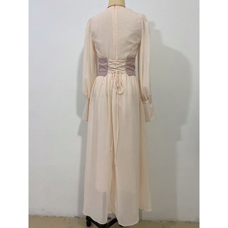 Elegant Pearl - Accented Bubble Sleeve Dress with Spliced Waist(MA297) - Mariam's Collection