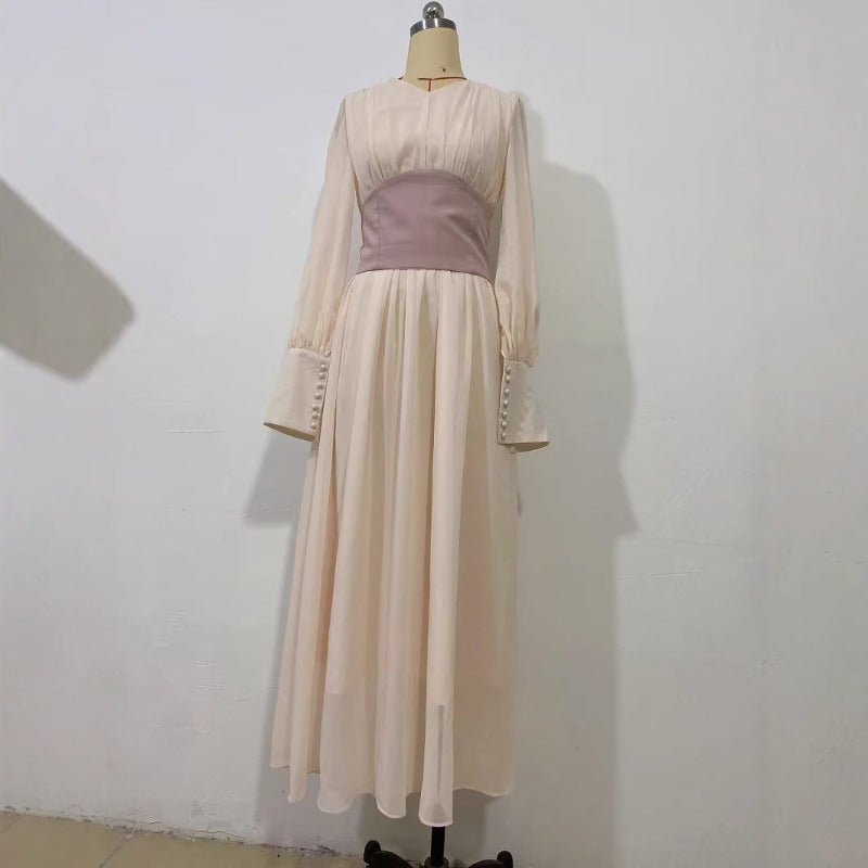 Elegant Pearl - Accented Bubble Sleeve Dress with Spliced Waist(MA297) - Mariam's Collection