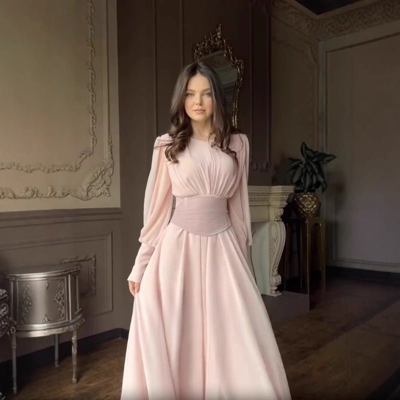 Elegant Pearl-Accented Bubble Sleeve Dress with Spliced Waist(MA297), Pink / Xs