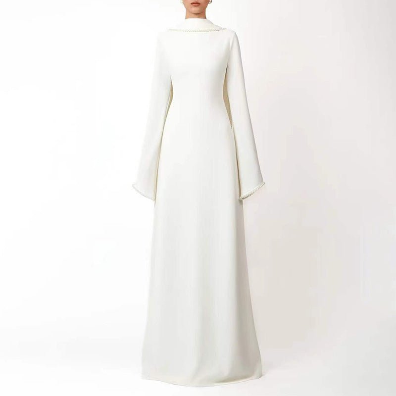Elegant Pearl Embellished Cape Sleeve Evening Dress(MA337) - Mariam's Collection
