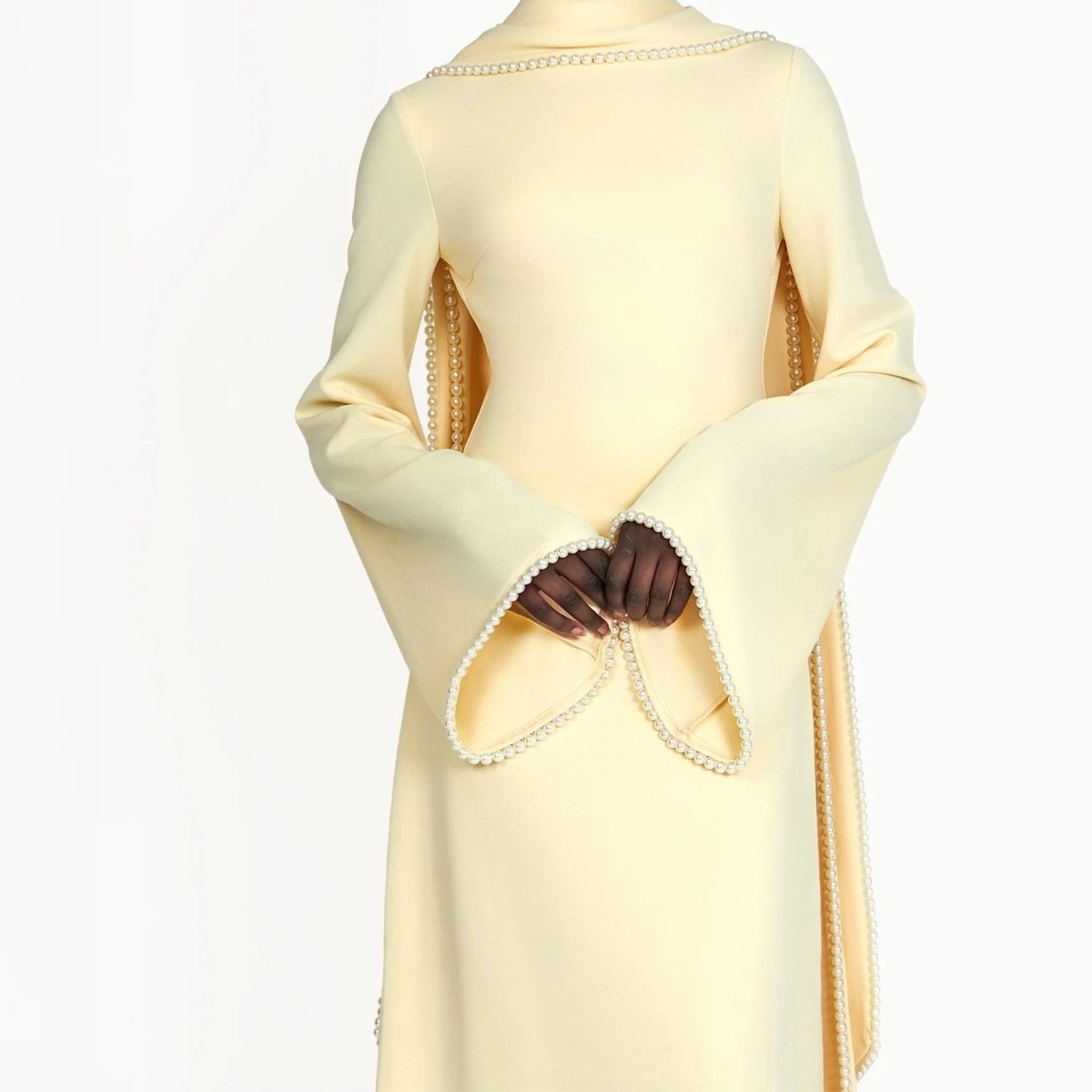 Elegant Pearl Embellished Cape Sleeve Evening Dress(MA337) - Mariam's Collection